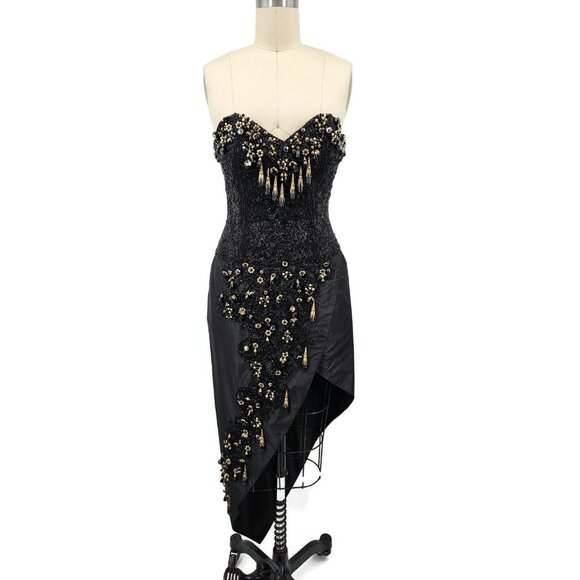 VTG Eavis & Brown London Silk Beaded Gown Womens M Asymmetric Strapless - Picture 1 of 16
